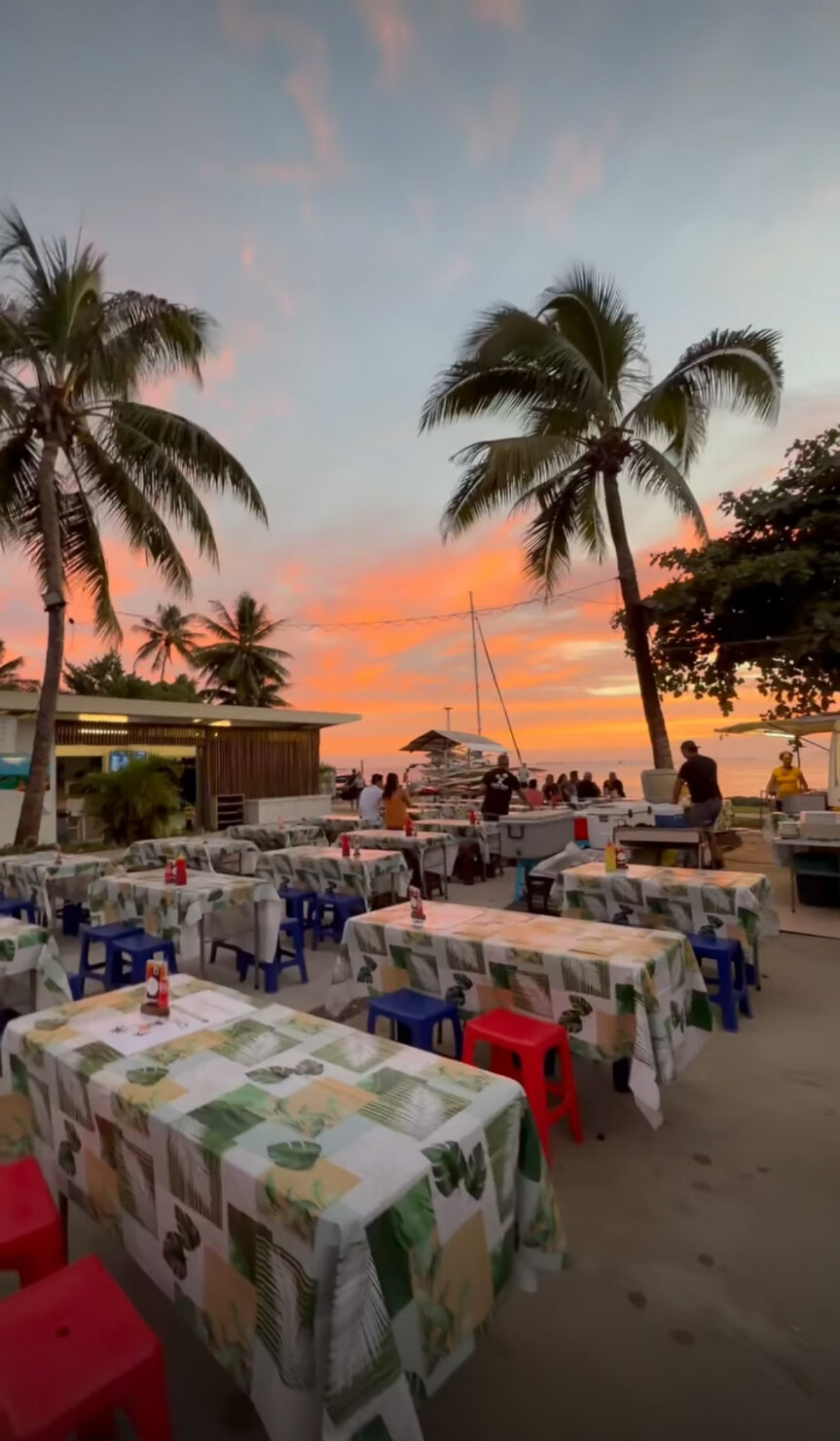 Sunset over the lagoon at Chez Nina, Puna'auia